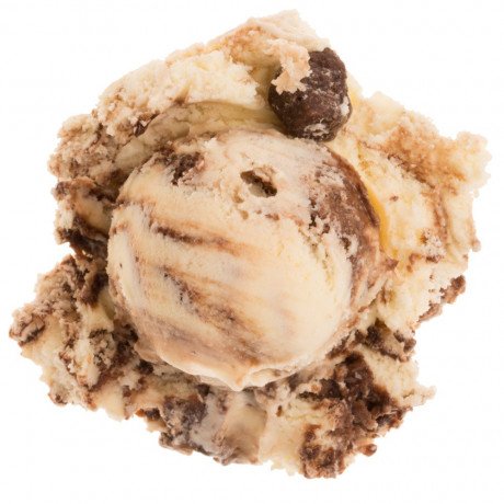 image of  made with vanilla ice cream, fudge pieces, chocolate-covered peanuts, chocolate swirl